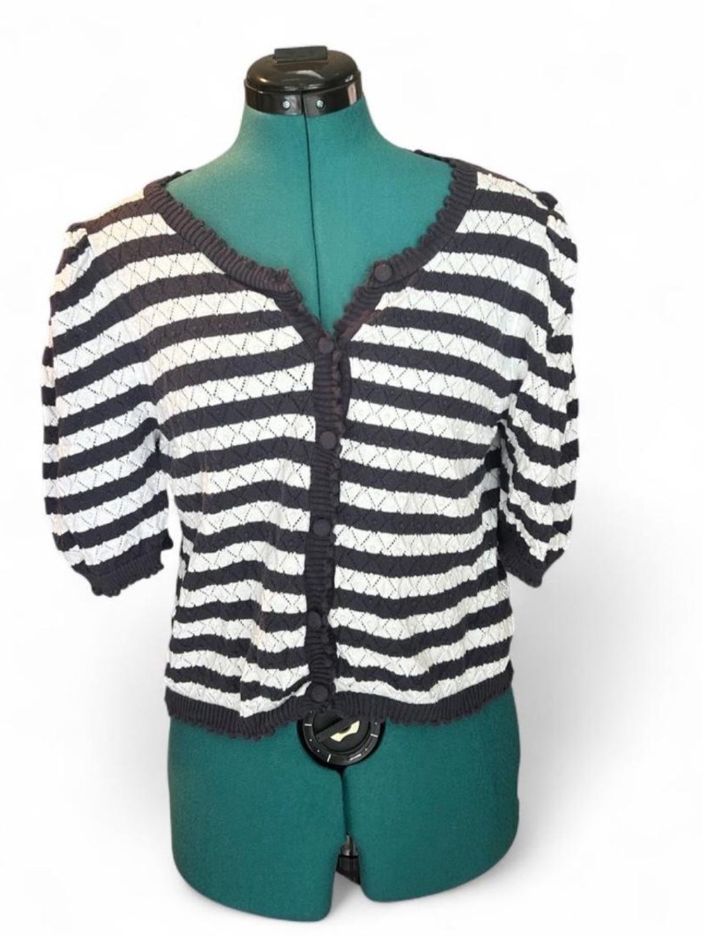 Anthropologie Puff Sleeve Pointelle Cardigan Sweater, Size Small, black & white